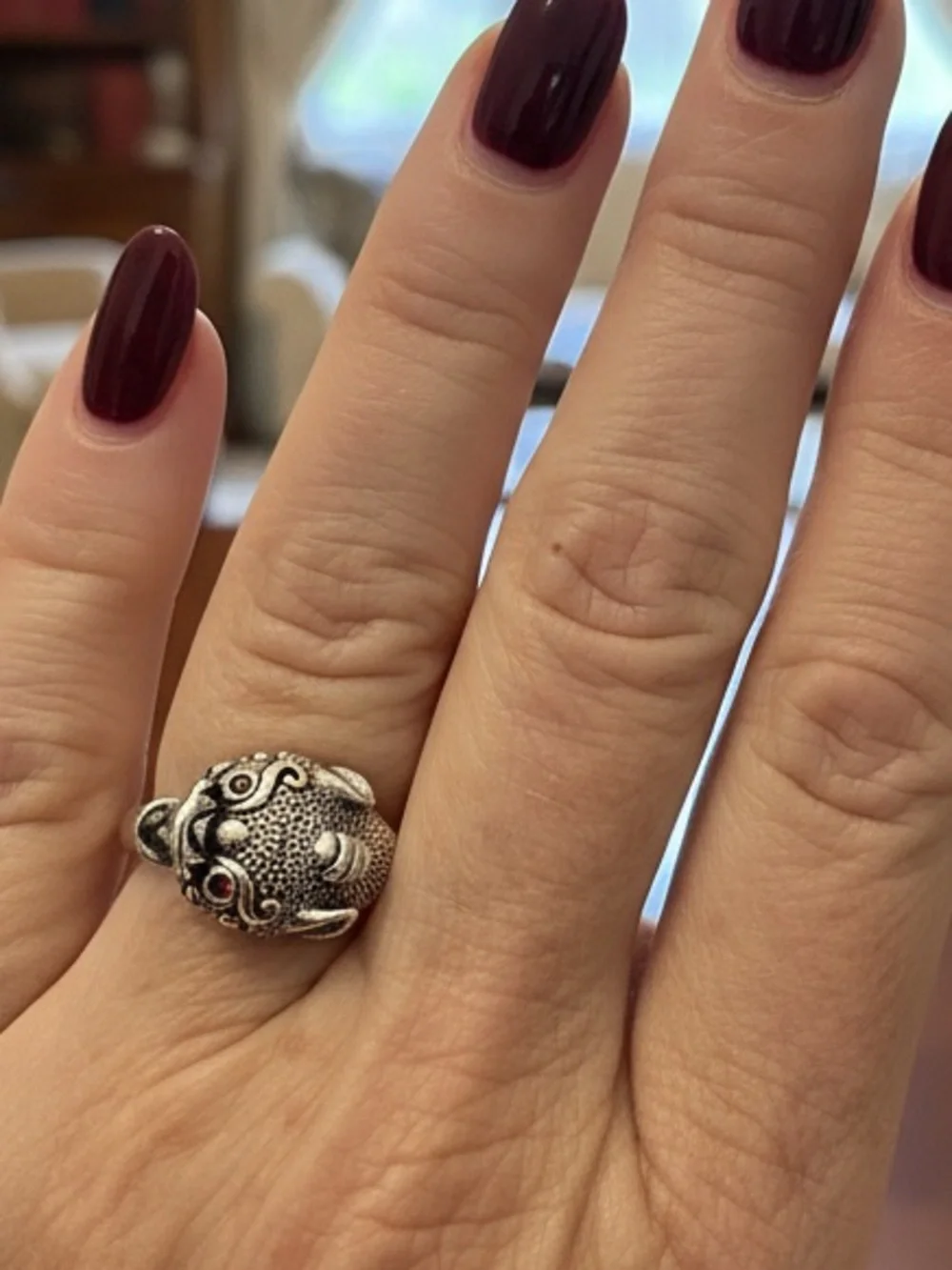 Sterling silver Chinese Foo Dog Ring - with ruby‎ eyes